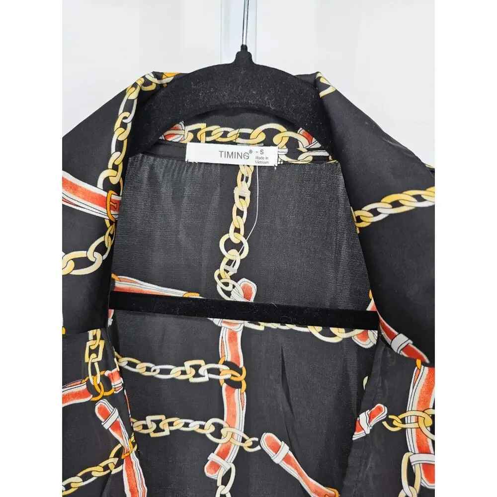 Timing Womens Sz S long-sleeve blouse black and gold chain print and a tie-front - Picture 3 of 4